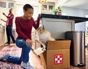 woman looking at her cat that's sitting in a cardboard box